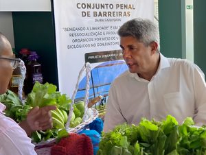 O governador Jerônimo Rodrigues visitou o projeto Semeando a Liberdade no Bahia Farm Show e conheceu de perto as iniciativas de ressocialização e produção de hortaliças orgânicas na unidade prisional.